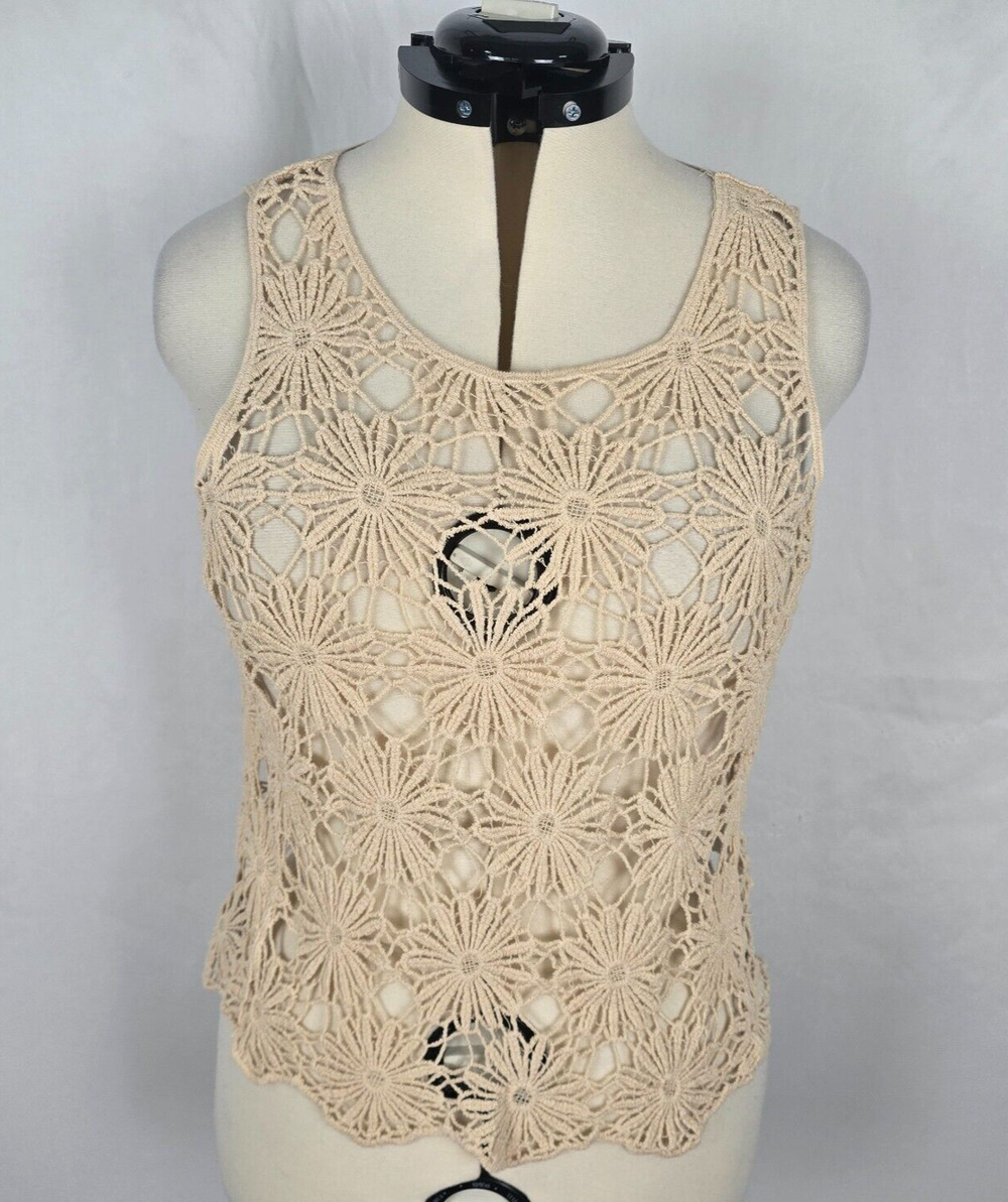 J.J. Basics Y2K Crochet Tank Top Women's L Cream Wide Straps Knit Button Back